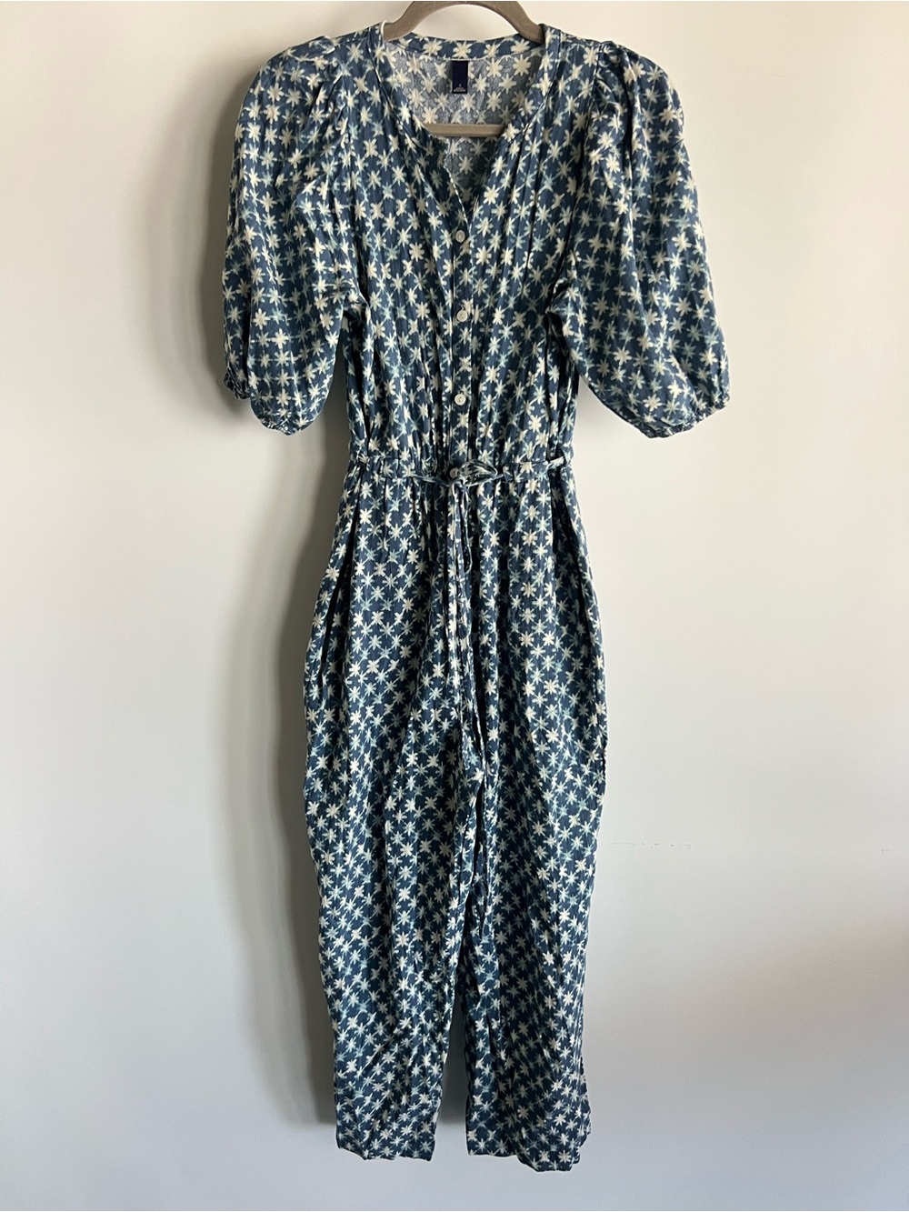 Blue Floral Puff-Sleeve Jumpsuit Dress